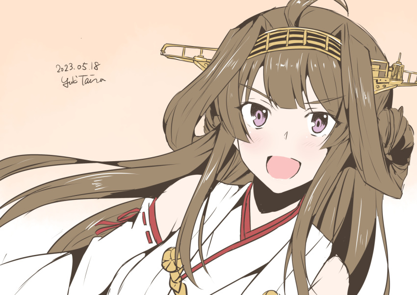 1girl ahoge artist_name brown_hair dated double_bun gradient_background hair_bun hairband headgear japanese_clothes kantai_collection kongou_(kancolle) long_hair one-hour_drawing_challenge orange_background ribbon-trimmed_sleeves ribbon_trim smile solo taira_yuuki upper_body v-shaped_eyebrows violet_eyes