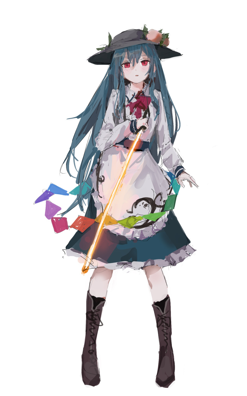 1girl blue_dress blue_hair boots dress expressionless food fruit full_body glowing glowing_sword glowing_weapon hair_between_eyes hat highres hinanawi_tenshi holding holding_sword holding_weapon legs_apart light_blush long_hair looking_at_viewer parted_lips peach petticoat red_eyes reddizen simple_background solo standing sword sword_of_hisou touhou very_long_hair weapon white_background