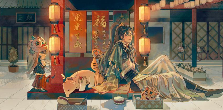 2boys animal_request architecture bingzhen_yugao blue_eyes brown_hair character_request chinese_clothes closed_mouth east_asian_architecture facing_another full_body high_ponytail highres lantern looking_at_viewer male_child male_focus multiple_boys open_mouth sitting smile the_tale_of_food tiger