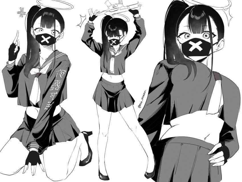 1girl absurdres black_hair black_mask blue_archive clothes_writing crop_top delinquent full_body halo hand_on_own_hip highres kneeling mask midriff mouth_mask multiple_views one_side_up pinnn pleated_skirt school_uniform serafuku skirt standing sukeban sukeban_(smg)_(blue_archive) surgical_mask