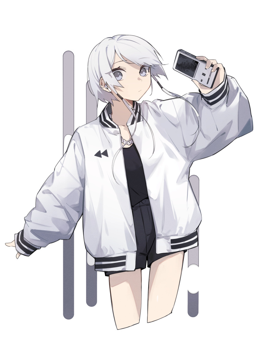 1girl airpods arm_up black_shirt black_shorts cellphone cowboy_shot cropped_legs ear_piercing grey_eyes high-waist_shorts highres holding holding_phone jacket jewelry kamatpit long_sleeves looking_at_viewer necklace original outstretched_arm oversized_clothes phone piercing rewind_button shirt short_shorts shorts sidelocks smartphone white_background white_hair white_jacket wide-eyed wide_sleeves wireless_earphones