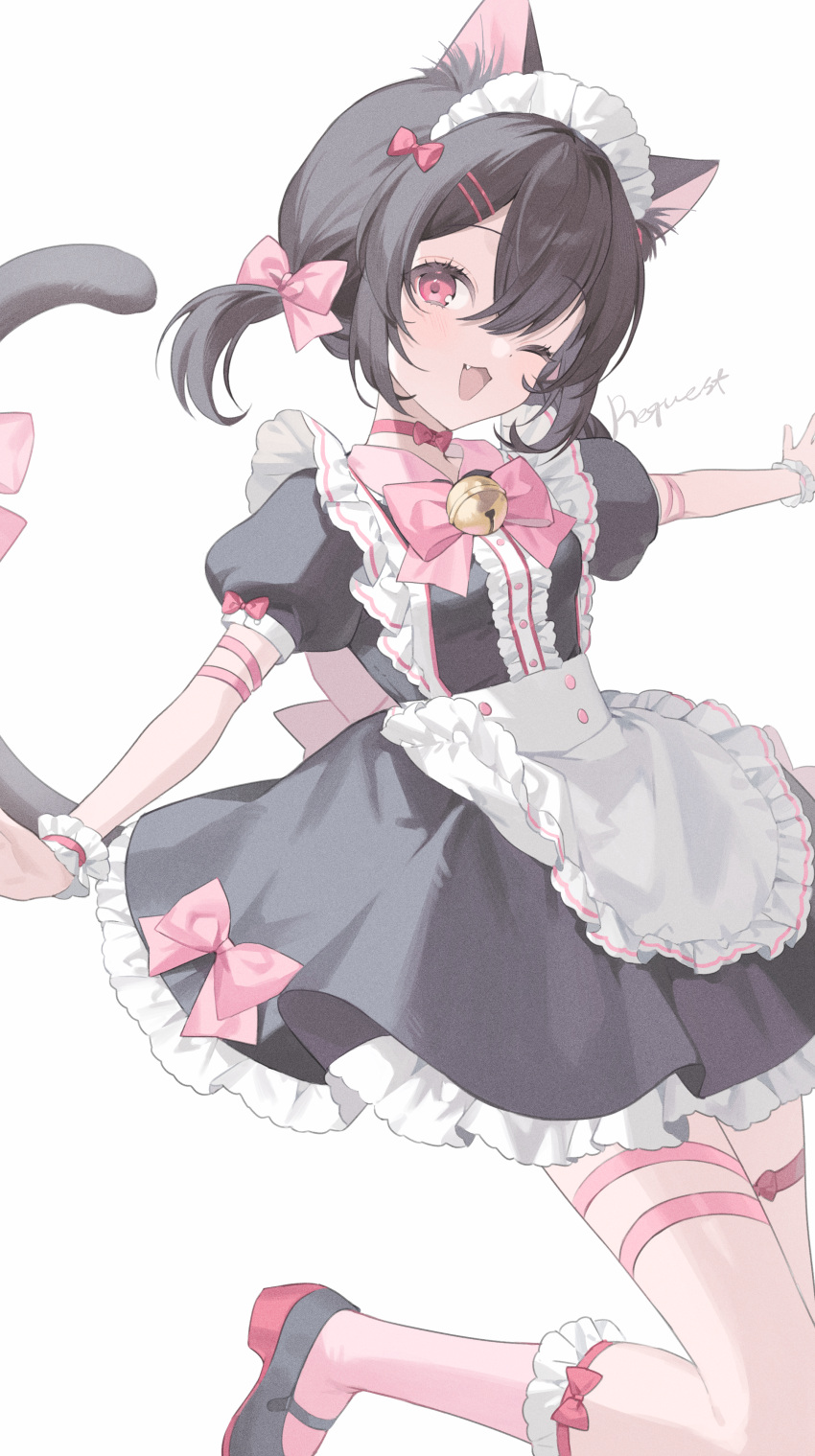 1girl ;d absurdres animal_ear_fluff animal_ears apron bell black_dress black_footwear black_hair bow cat_ears cat_girl cat_tail choker commission dress fang frilled_apron frilled_socks frills hair_between_eyes hair_bow hair_ornament hairclip highres jingle_bell juju_(jelly_fever) maid maid_headdress neck_bell one_eye_closed original pink_bow pink_socks pixiv_commission puffy_short_sleeves puffy_sleeves red_choker red_eyes shoes short_sleeves short_twintails signature simple_background smile socks solo tail twintails white_apron white_background wrist_cuffs