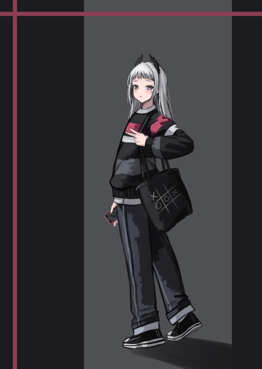1girl arknights bag black_background black_footwear black_pants blush cellphone closed_mouth commentary_request grey_background grey_eyes grey_hair highres holding holding_phone irene_(arknights) kimsuwan2013 long_hair long_sleeves looking_at_viewer looking_to_the_side pants phone puffy_long_sleeves puffy_sleeves shadow shirt shoes solo striped striped_shirt tic-tac-toe