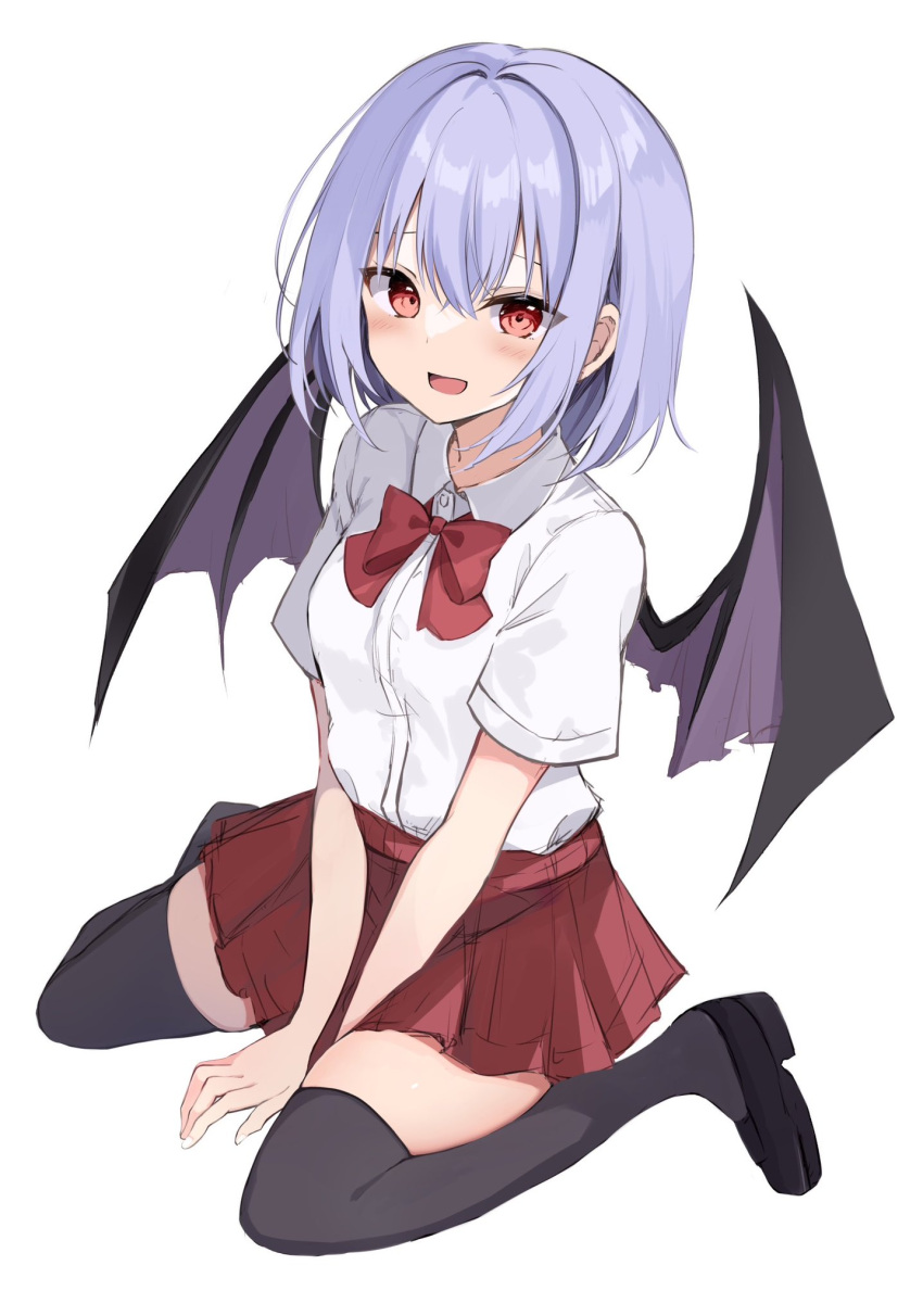 1girl :d alternate_costume bat_wings between_legs black_thighhighs blue_hair blush bow bowtie breasts commentary_request from_above full_body hand_between_legs highres hyurasan looking_at_viewer medium_hair no_headwear open_mouth pleated_skirt red_bow red_bowtie red_eyes red_skirt remilia_scarlet shirt short_sleeves simple_background sitting skirt small_breasts smile solo thigh-highs touhou v_arms wariza white_background white_shirt wing_collar wings