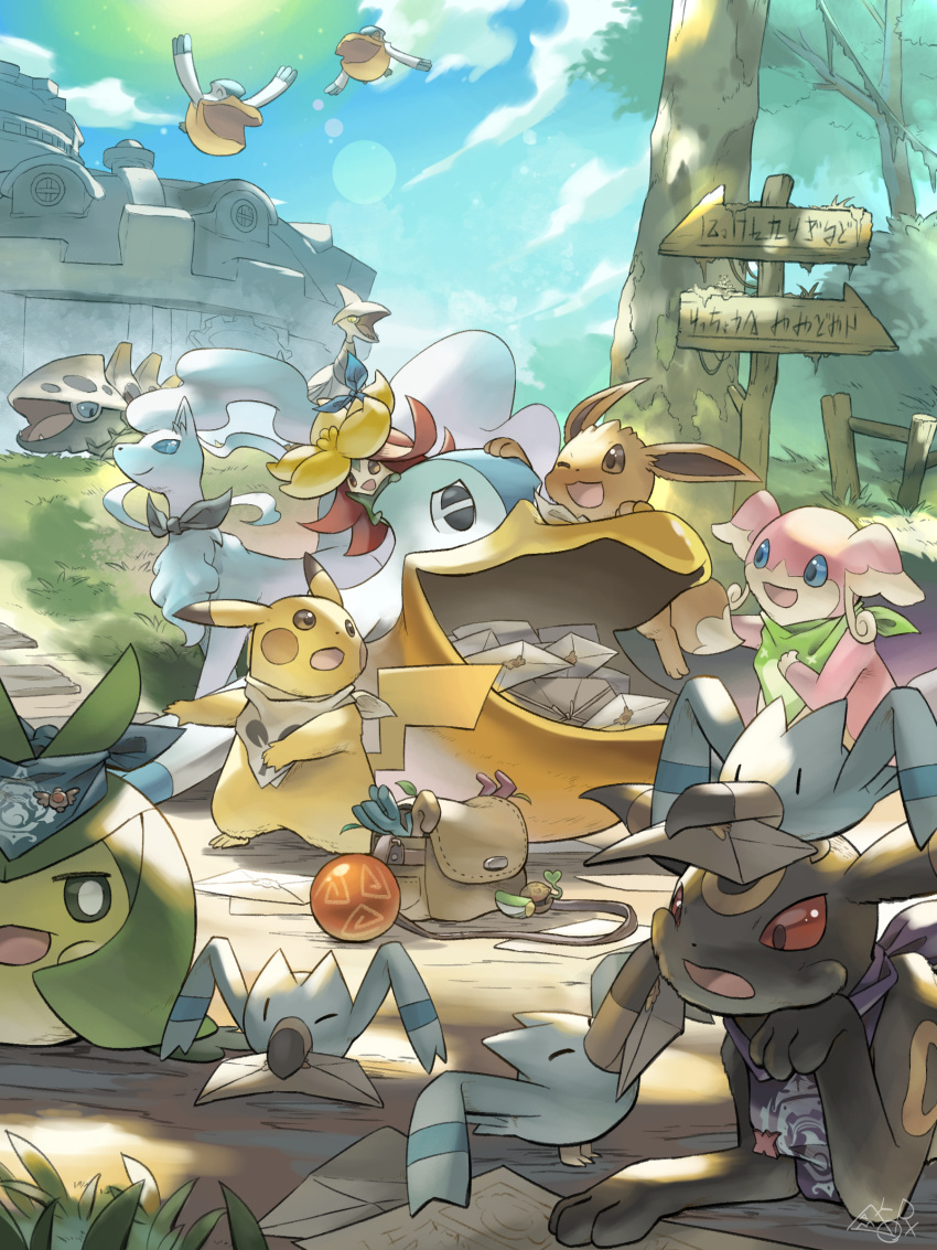 absurdres alolan_ninetales audino black_scarf blue_scarf brown_bag cheek_poking eevee fushigi_no_dungeon gossifleur green_scarf hakkentai_pokedan happy highres holding holding_letter lairon lens_flare letter looking_at_another map no_humans outdoors pelipper pikachu pokemon pokemon_(creature) pokemon_(game) pokemon_mystery_dungeon poking purple_scarf scarf signpost skarmory swadloon umbreon white_scarf wingull