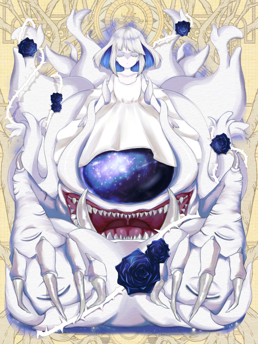 1girl aura blue_flower blue_hair blue_rose closed_eyes colored_inner_hair colored_skin dairoku_ryouhei dress extra_eyes flower highres idiot_blindness monster multicolored_hair negitoro_gunkan open_mouth rose teeth thorns tusks two-tone_hair uvula white_dress white_hair white_skin yellow_background