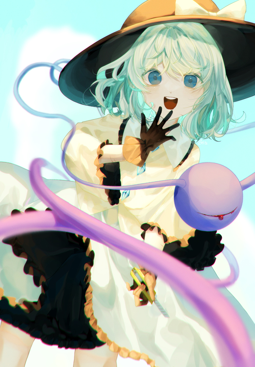 1girl :d adapted_costume aqua_hair black_gloves black_skirt blue_eyes blurry bow boxcutter chromatic_aberration commentary_request depth_of_field eyebrows_hidden_by_hair flat_chest gloves hand_up hat hat_bow highres holding komeiji_koishi light_blue_background looking_at_viewer medium_hair open_mouth osakana perspective round_teeth simple_background skirt smile solo teeth third_eye touhou upper_teeth_only wide_sleeves yellow_bow