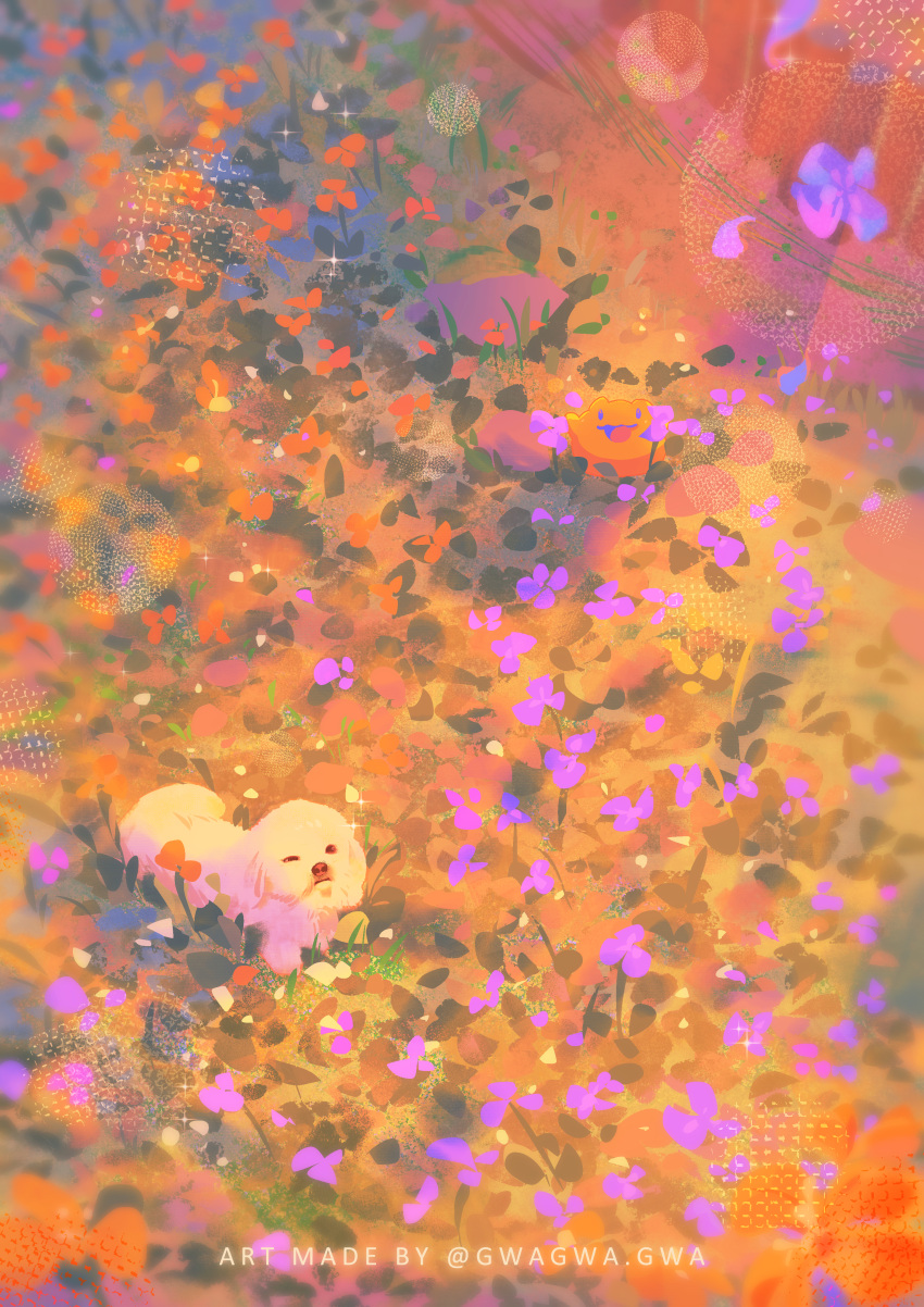 absurdres animal_focus creature dog evening flower from_above grass gwagwagwa highres lens_flare looking_at_viewer meadow nature no_humans one_eye_closed orange_flower original pixiv_username purple_flower scenery watermark