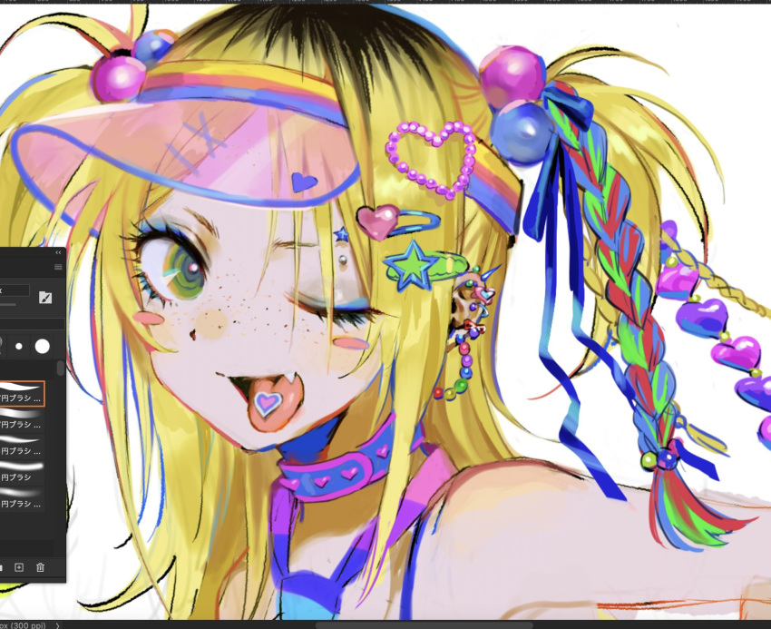 1girl bare_shoulders beads black_hair blonde_hair blue_eyes blue_eyeshadow blue_ribbon blush_stickers braces_girl_(yatatashira) braid collar ear_piercing eyeshadow fang freckles green_hair hair_bobbles hair_extensions hair_ornament hairclip heart highres long_hair makeup multicolored_hair necktie one_eye_closed open_mouth original piercing redhead ribbon skin_fang tongue tongue_out two-tone_hair two_side_up unfinished white_background yatatashira