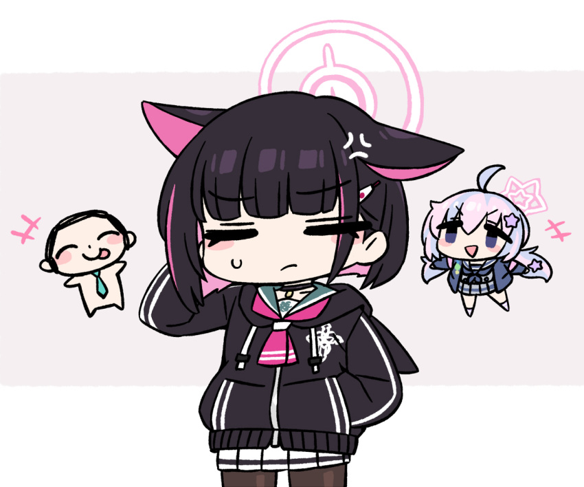 +++ 1boy 2girls :p ^_^ ahoge anger_vein animal_ears arona's_sensei_doodle_(blue_archive) black_choker black_hair black_jacket black_pantyhose blue_archive chan_co chibi choker closed_eyes closed_mouth hair_ornament hairclip halo jacket kazusa_(blue_archive) long_hair long_sleeves low_twintails multicolored_hair multiple_girls necktie open_mouth pantyhose pink_hair reisa_(blue_archive) sensei_(blue_archive) short_hair skirt star_(symbol) star_hair_ornament sweat tongue tongue_out track_jacket twintails