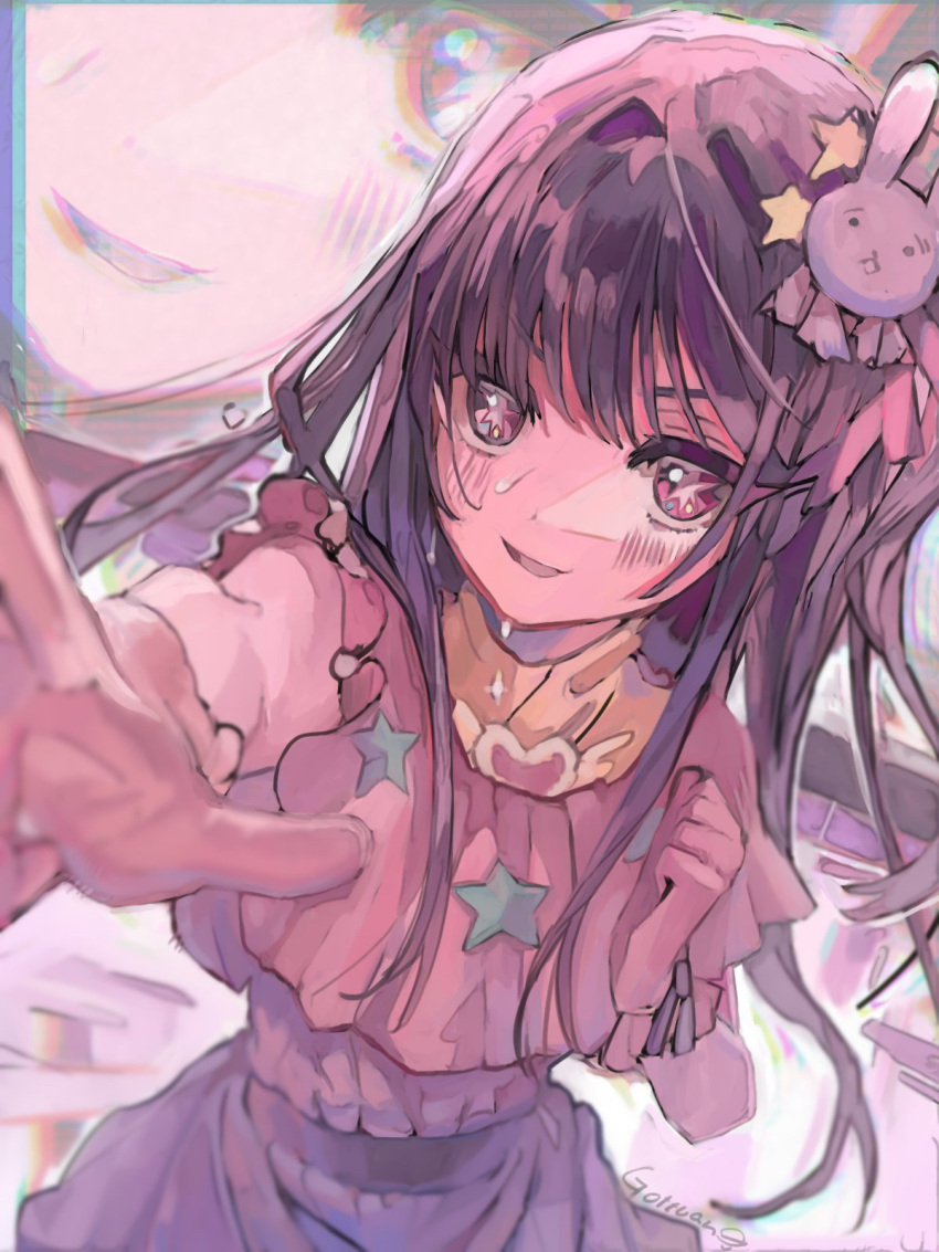 1girl anaglyph artist_name blurry blush brooch commentary_request depth_of_field dress frilled_dress frilled_gloves frills gloves gottsuan hair_ornament heart_brooch highres hoshino_ai_(oshi_no_ko) idol idol_clothes jewelry long_hair one_side_up oshi_no_ko parted_lips pink_dress pink_gloves purple_hair rabbit_hair_ornament sidelocks solo star-shaped_pupils star_(symbol) star_hair_ornament sweat swept_bangs symbol-shaped_pupils turtleneck_dress violet_eyes zoom_layer