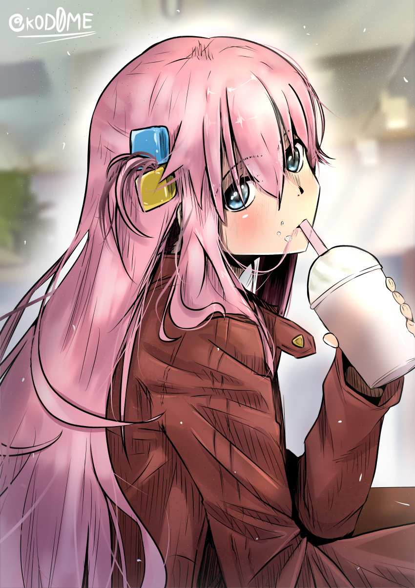 1girl absurdres blue_eyes blush bocchi_the_rock! brown_coat coat commentary cube_hair_ornament cup drinking_straw drinking_straw_in_mouth english_commentary food food_on_face gotou_hitori hair_in_own_mouth hair_ornament highres holding holding_cup kod0me long_hair mixed-language_commentary one_side_up pink_hair sidelocks solo