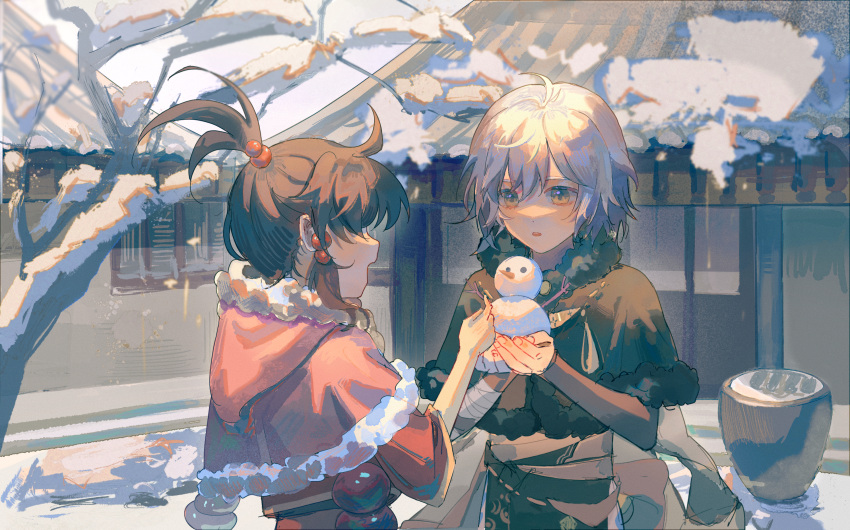 2boys bingzhen_yugao blush brown_hair candied_hawthorn_(the_tale_of_food) character_request facing_another high_ponytail highres holding_snowman looking_at_another male_child male_focus multiple_boys open_mouth smile snow snowman the_tale_of_food white_hair yellow_eyes