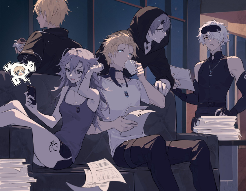 1girl 4boys blonde_hair blue_eyes broken_horn camu_(punishing:_gray_raven) chrome_(punishing:_gray_raven) collar couch cup dog_tags drinking earrings eating fingerless_gloves gloves grey_hair hand_on_own_hip highres holding holding_cup hood hoodie horns jewelry kamui_(punishing:_gray_raven) leaning_back leaning_forward lee_(punishing:_gray_raven) looking_at_viewer looking_to_the_side mao_(expuella) mug multiple_boys night original paperwork phone punishing:_gray_raven scratching_head shorts sitting sleep_mask star_(sky) tank_top violet_eyes wanshi_(punishing:_gray_raven) white_hair yellow_eyes