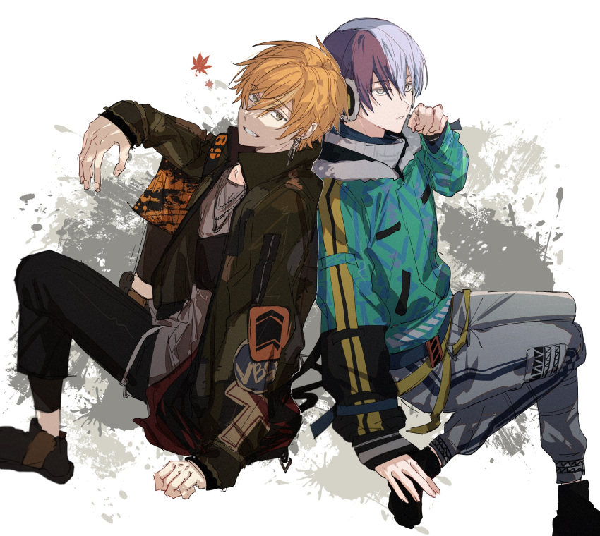 2boys aoyagi_touya back-to-back bad_id bad_twitter_id black_pants blue_hair blue_jacket brown_jacket closed_mouth earrings green_eyes grey_eyes grey_pants grin highres jacket jewelry looking_at_viewer looking_to_the_side multicolored_hair multiple_boys orange_hair pants project_sekai same_dreams_same_colors_(project_sekai) samgak shinonome_akito smile split-color_hair the_power_of_unity_(project_sekai)