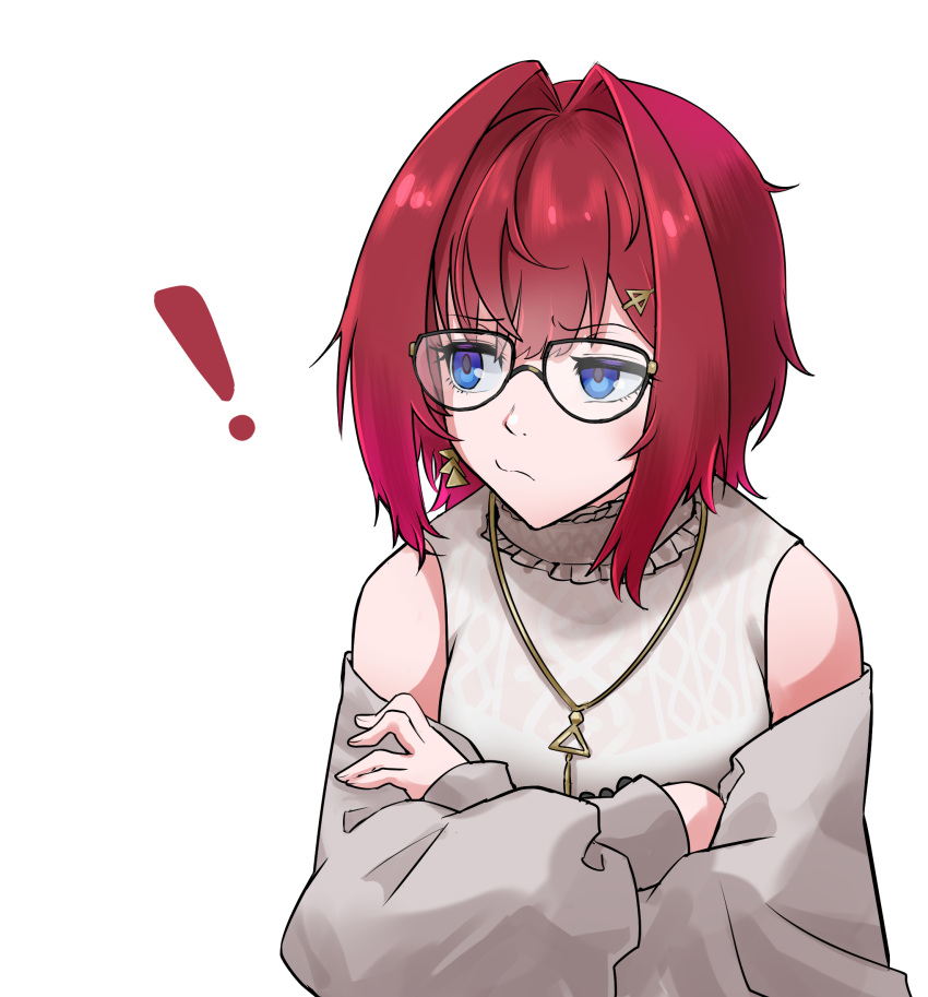 ange_katrina annoyed blue_eyes chamaji clothing_cutout crossed_arms earrings frilled_shirt_collar frills furrowed_brow glasses hair_between_eyes hair_intakes highres jewelry looking_to_the_side necklace nijisanji pout puffy_sleeves redhead short_hair shoulder_cutout triangle_hair_ornament virtual_youtuber