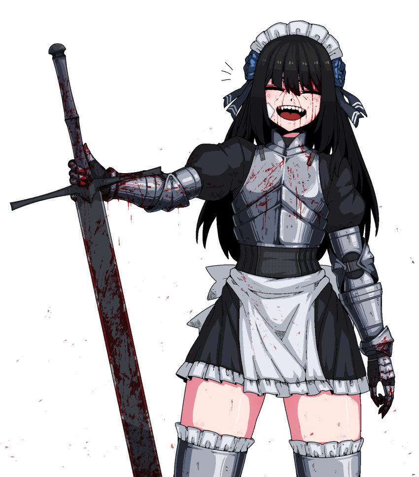 1girl apron armor bandage_on_face bandages black_hair blood blood_on_clothes blood_on_face breastplate closed_eyes fingerless_gloves formicid gloves greatsword highres maid maid_apron maid_headdress miniskirt open_mouth original skirt sword thigh-highs weapon white_background