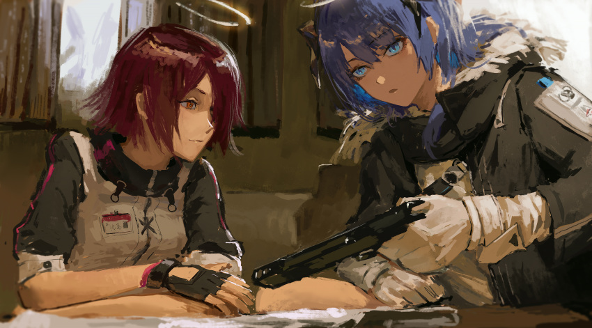 2girls arknights black_gloves black_jacket blue_eyes blue_hair closed_mouth exusiai_(arknights) fingerless_gloves gloves gun hair_between_eyes hair_over_one_eye halo highres holding holding_gun holding_weapon horns jacket lingear mostima_(arknights) multiple_girls open_clothes open_jacket parted_lips puffy_short_sleeves puffy_sleeves red_eyes redhead shirt short_sleeves smile weapon white_gloves white_jacket white_shirt