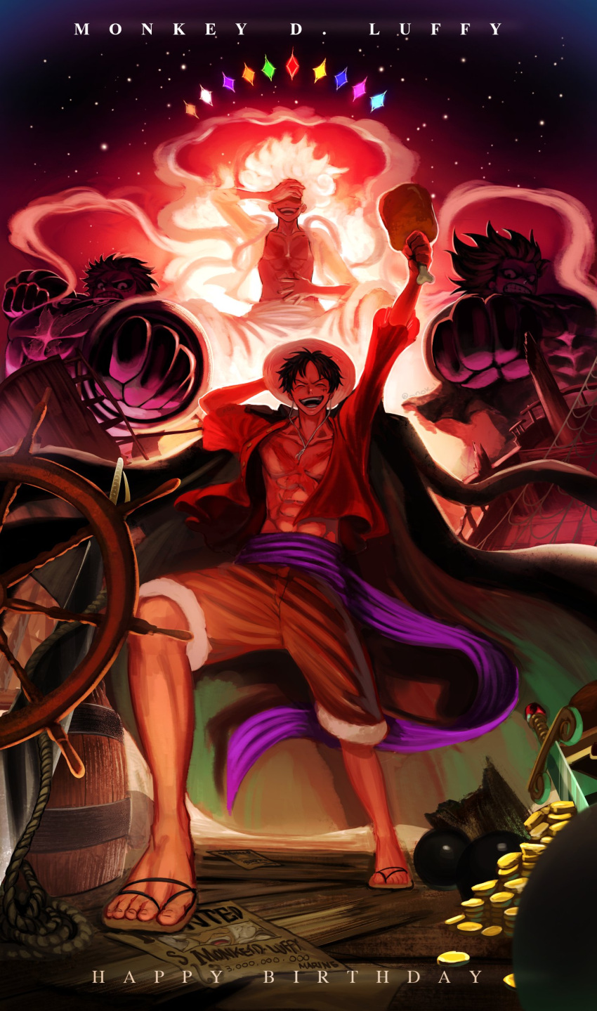 1boy abs absurdres birthday black_hair boned_meat character_name closed_eyes cloud_hair food gear_fifth gear_fourth gear_fourth:_boundman gear_fourth:_snakeman haki hand_on_own_face happy_birthday hat highres looking_at_viewer male_focus meat monkey_d._luffy muscular muscular_male nok_(nok_1) one_piece open_clothes open_shirt pectorals red_shirt sandals scar scar_on_chest scar_on_face shirt short_hair shorts smile straw_hat straw_hat_pirates white_hair