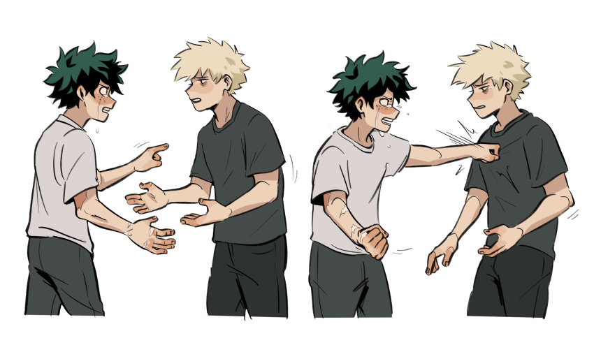2boys bakugou_katsuki blonde_hair blush boku_no_hero_academia clenched_hand commentary cropped_legs crying crying_with_eyes_open daniartonline english_commentary freckles green_hair highres looking_at_another male_focus midoriya_izuku multiple_boys open_mouth pants pointing pointing_at_another punching scar scar_on_hand shirt short_hair short_sleeves simple_background spiky_hair standing t-shirt tears white_background