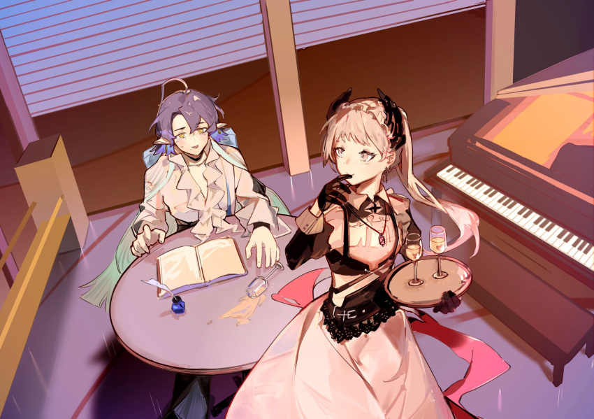 1boy 1girl arknights black_gloves book brown_eyes commentary_request cup dress drink drinking_glass gloves grey_hair gudonggongyu hair_between_eyes highres holding holding_tray indoors instrument irene_(arknights) long_hair lumen_(arknights) open_book parted_bangs piano piano_bench purple_hair shirt spill table tray very_long_hair white_dress white_shirt yellow_eyes