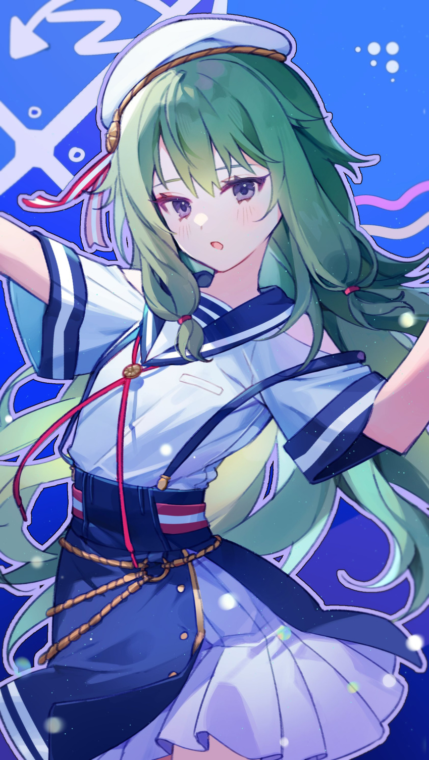 1girl absurdres blush commentary cowboy_shot dress funade_no_mae_no_one_day_trip_(project_sekai) green_hair hat highres kusanagi_nene long_hair official_alternate_costume open_mouth project_sekai sailor_dress sailor_hat sha_(nz2) short_sleeves sidelocks solo suspenders violet_eyes