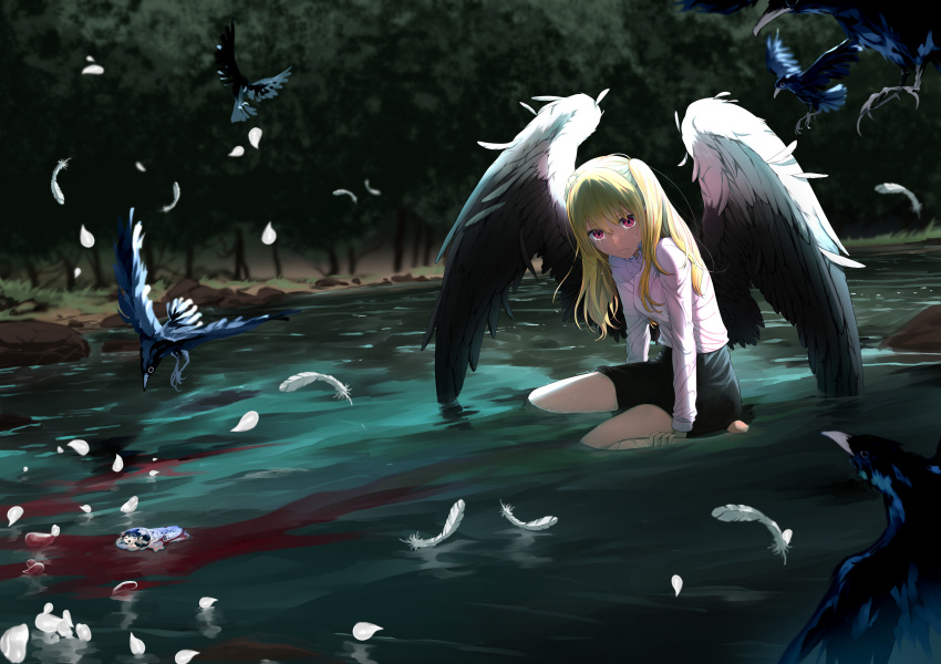 1girl absurdres angel_wings arm_support barefoot bird black_skirt blonde_hair blood blood_in_water blurry blurry_background closed_mouth commentary commission crow crying crying_with_eyes_open english_commentary eudetenis feathered_wings feathers highres hoshino_ai_(oshi_no_ko) hoshino_ruby long_hair long_sleeves looking_at_viewer one_side_up oshi_no_ko outdoors partially_submerged petals pink_eyes river second-party_source shirt sidelocks sitting skirt solo spoilers star-shaped_pupils star_(symbol) symbol-shaped_pupils tears tree variant_set water white_feathers white_shirt wings
