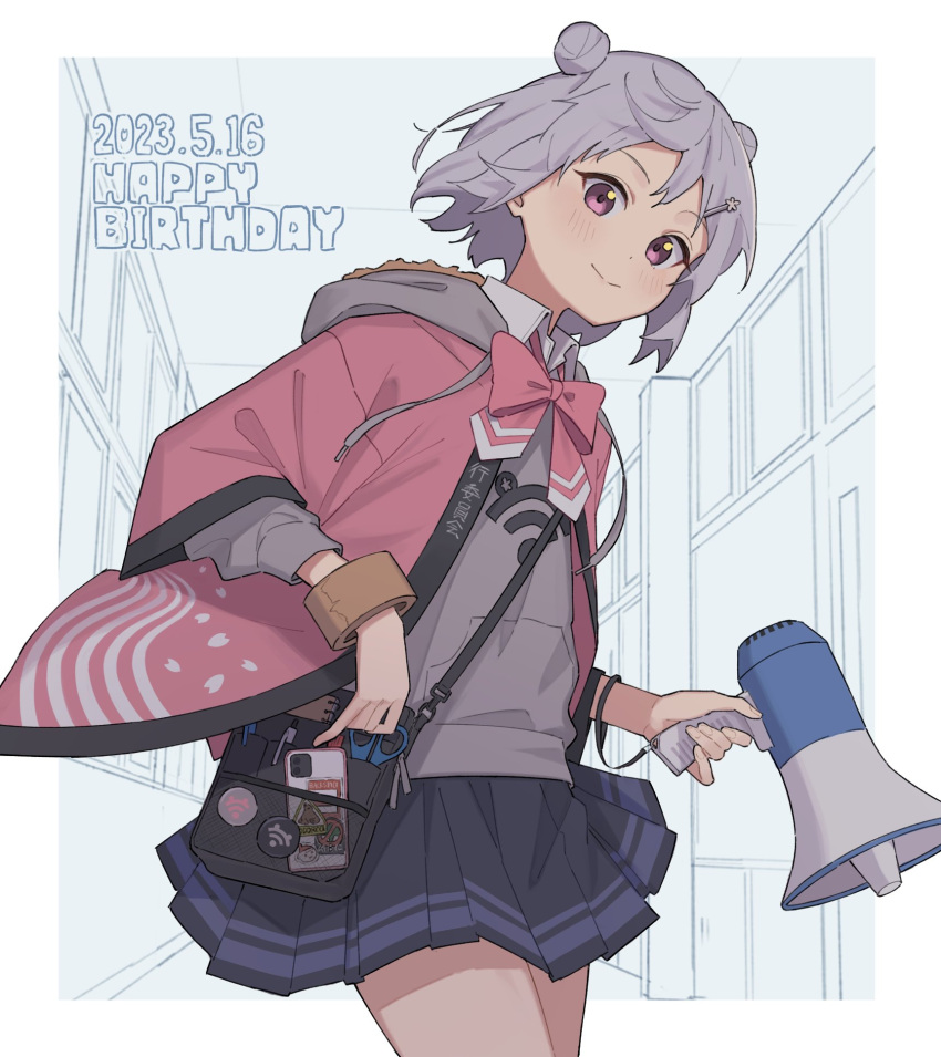 1girl bag blush border bow bowtie cellphone cevio closed_mouth collared_shirt commentary_request cowboy_shot dated double_bun floating_hair grey_hair grey_hoodie hair_bun hair_ornament hairclip hallway hanten_(clothes) happy_birthday highres holding holding_megaphone hood hood_down hoodie jacket koharu_rikka looking_at_viewer megaphone minatsuki_(m1natsuk1) open_clothes open_jacket outside_border partially_colored phone pink_bow pink_bowtie pink_jacket pleated_skirt school school_uniform scissors shirt short_hair shoulder_bag skirt smartphone smile solo synthesizer_v tape violet_eyes white_border wifi_symbol