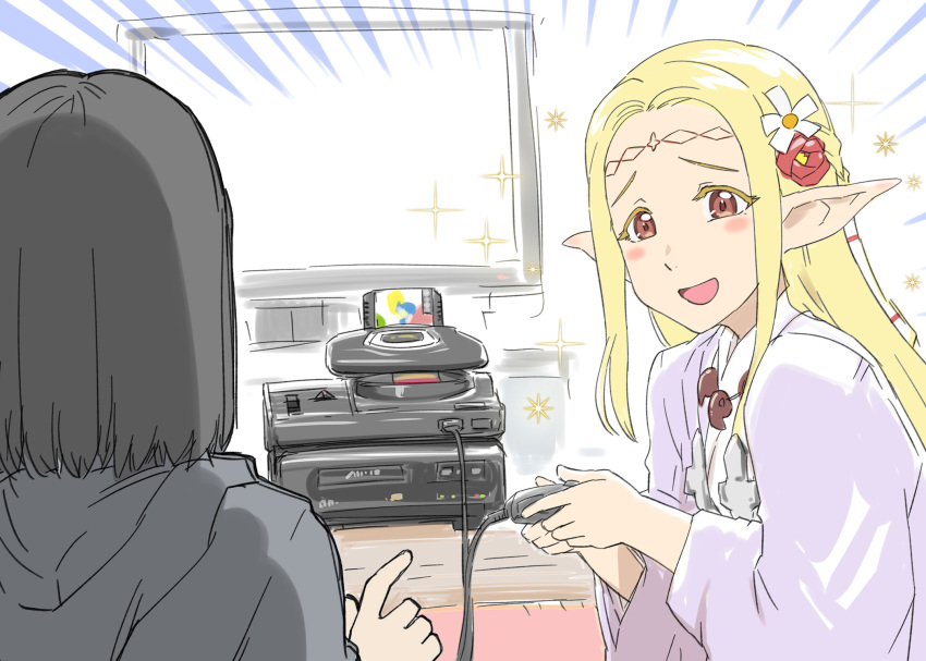 1boy 1girl black_hair black_sweater blonde_hair cable circlet commentary_request controller crossover edomae_elf eldali_ilma_fanomenel flower forehead game_cartridge game_console game_controller hair_flower hair_ornament highres hood hooded_sweater isekai_ojisan japanese_clothes long_hair long_sleeves looking_at_another looking_at_viewer miko parted_bangs pointing pointy_ears sega_32x sega_cd sega_mega_drive shibazaki_yousuke sidelocks simple_background sweater television ueyama_michirou wide_sleeves