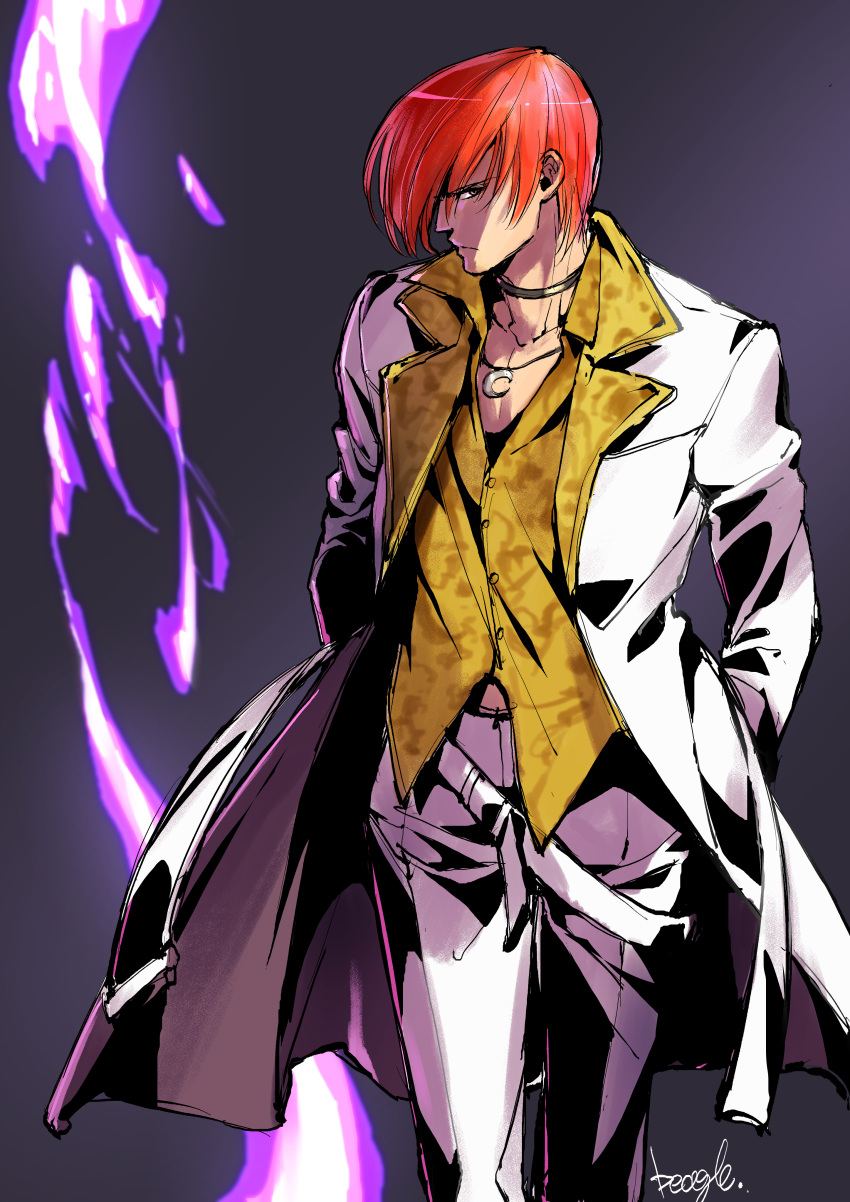 1boy absurdres belt black_choker choker coat collarbone cowboy_shot crescent_necklace hair_over_one_eye hands_in_pockets highres jewelry long_coat long_sleeves looking_at_viewer loose_belt male_focus necklace pants redhead short_hair signature solo standing strikebeagle the_king_of_fighters vest waistcoat white_coat white_pants yagami_iori yellow_vest