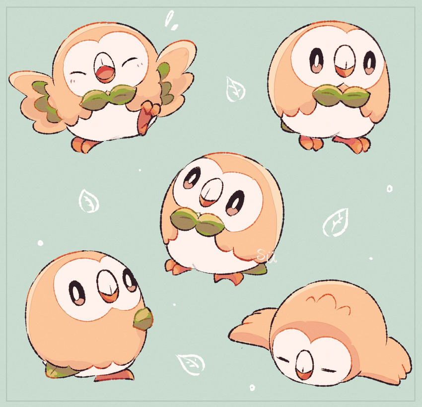 ^_^ bright_pupils brown_eyes closed_eyes closed_mouth commentary_request flying_sweatdrops green_background highres leaf looking_at_viewer looking_back lying multiple_views no_humans on_stomach open_mouth pokemon pokemon_(creature) rowlet simple_background sleeping smile su_(sajo_su5) white_pupils