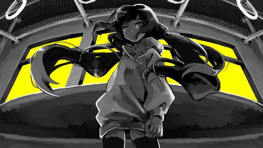 1girl backlighting blunt_bangs closed_mouth commentary_request cowboy_shot expressionless fisheye floating_hair from_below greyscale_with_colored_background hand_grip highres lag_train_(vocaloid) light_frown long_hair long_sleeves looking_at_viewer looking_down low_twintails monochrome no_pants osage_(inabakumori) puffy_long_sleeves puffy_sleeves solo standing thigh-highs tomizu train_interior twintails very_long_hair vocaloid window yellow_background