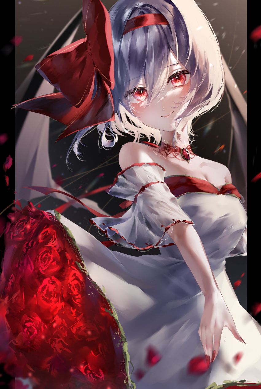 1girl absurdres bare_shoulders bat_wings breasts closed_mouth commentary detached_collar dress fingernails flower hairband highres long_fingernails pillarboxed purple_hair red_eyes red_flower red_hairband red_nails red_rose remilia_scarlet rose short_hair smile solo touhou white_dress wings yukia_(yukia_777)