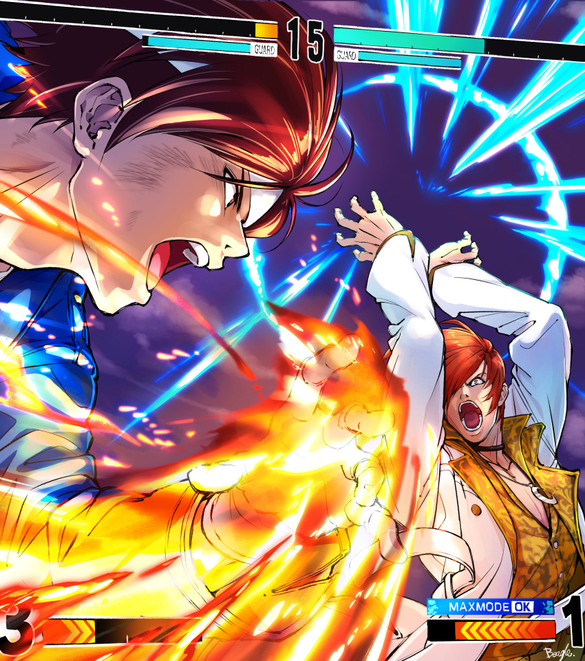 2boys absurdres black_choker blue_jacket brown_hair choker coat crescent_necklace fighting_stance fingerless_gloves fire furrowed_brow gloves hair_over_one_eye hands_up headband health_bar highres jacket jewelry kusanagi_kyou long_sleeves male_focus multiple_boys necklace open_mouth parted_bangs redhead short_hair shouting signature strikebeagle the_king_of_fighters the_king_of_fighters_xv upper_body waistcoat white_coat white_headband wide-eyed yagami_iori
