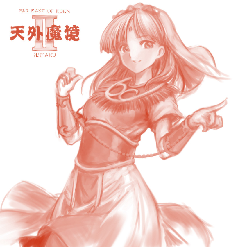 1girl beads bracer breasts copyright_name dress facial_mark forehead_mark hands_up highres kinu_(tengai_makyou) long_hair minamoto80486 monochrome parted_bangs red_theme sash short_sleeves simple_background small_breasts smile solo tengai_makyou tengai_makyou_ii veil white_background
