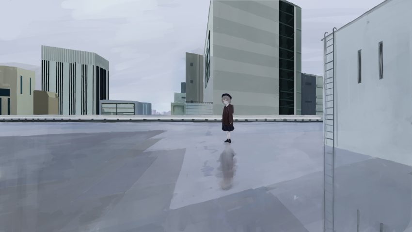 1girl backpack bag beret black_headwear black_skirt brown_coat brown_eyes building city coat commentary_request daruma_karei day hat hatoba_tsugu highres ladder light_brown_hair long_sleeves looking_at_viewer outdoors overcast pantyhose reflection reflective_floor rooftop shoes short_hair skirt sky solo standing tsugu_(vtuber) virtual_youtuber white_pantyhose wide_shot
