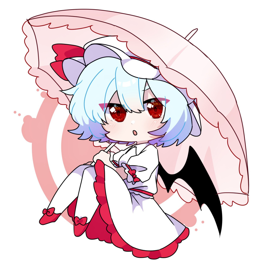 1girl bat_wings blue_hair bow commentary footwear_bow full_body hat hat_ribbon highres holding holding_umbrella light_blue_hair looking_at_viewer mob_cap open_mouth pink_umbrella pino5563 red_eyes red_footwear red_ribbon remilia_scarlet ribbon shirt short_hair short_sleeves skirt solo touhou umbrella white_headwear white_shirt white_skirt wings