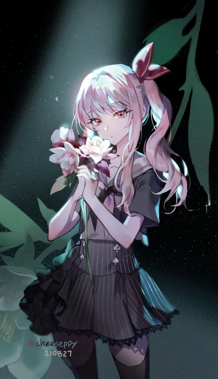 1other akiyama_mizuki artist_name black_neckerchief black_skirt black_thighhighs bouquet bow cheeseppy closed_mouth dated flower hair_bow highres holding holding_bouquet long_hair looking_at_viewer neckerchief pink_eyes pink_hair pink_neckerchief project_sekai red_bow sailor_collar side_ponytail sidelocks skirt solo thigh-highs two-tone_neckerchief white_flower white_sailor_collar