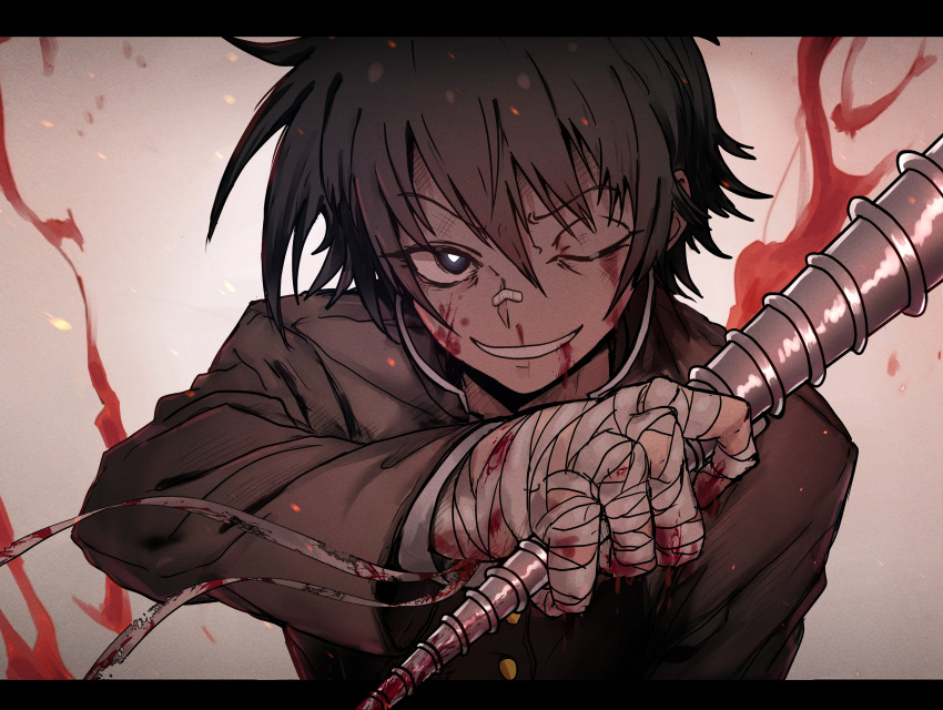 1boy absurdres bandaged_hand bandages black_hair black_jacket blood blood_on_bandages blood_on_face blood_on_hands blue_eyes bright_pupils buttons commentary ebora english_commentary gakuran gradient_background grey_background highres holding jacket kumagawa_misogi letterboxed looking_at_viewer male_focus medaka_box messy_hair muted_color one_eye_closed school_uniform screw short_hair smile solo upper_body white_pupils