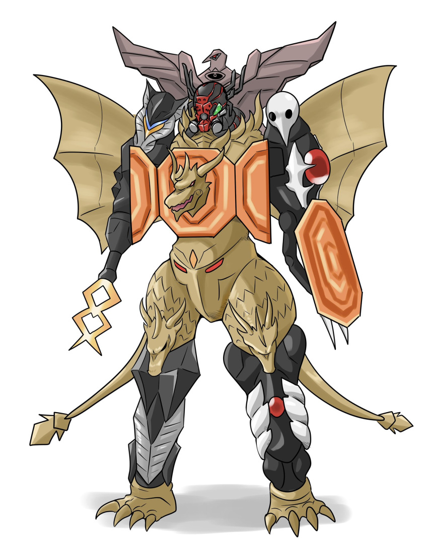 angel_(evangelion) at_field core creator_connection full_body gattai ghidorah_(shin) godzilla_(series) highres kamen_rider kumo_augment_01 mecha mephilas_seijin multiple_tails neon_genesis_evangelion nittora rebuild_of_evangelion robot sachiel_(evangelion) shield shin_godzilla shin_japan_heroes_universe shin_kamen_rider shin_ultraman shin_universe_robo simple_background solo standing tail ultra_series white_background