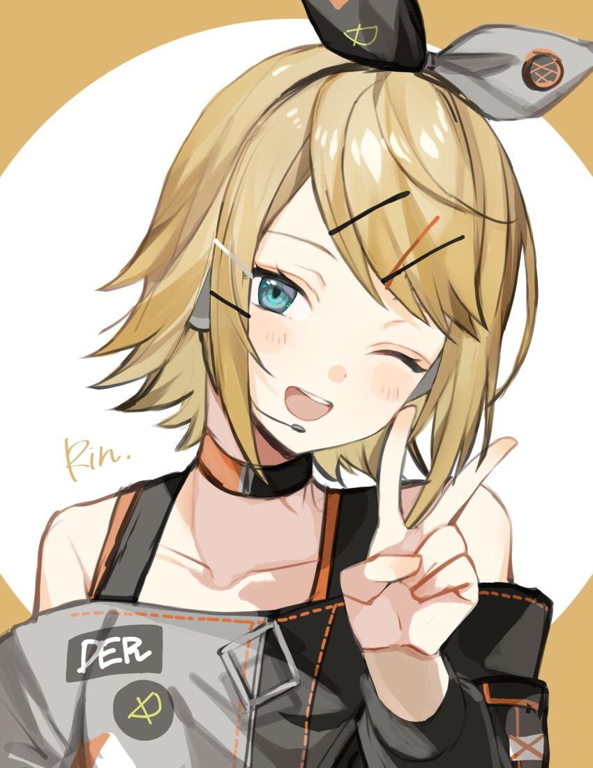 1girl bare_shoulders black_bow black_choker black_shirt blonde_hair blue_eyes blush bow choker collarbone grey_bow hair_bow hair_ornament hairclip headset highres kagamine_rin long_sleeves off-shoulder_shirt off_shoulder one_eye_closed open_mouth project_sekai sano_(ekk_fy) shirt short_hair sidelocks smile two-tone_bow v vivid_bad_squad_(project_sekai) vivid_bad_squad_rin vocaloid yellow_background