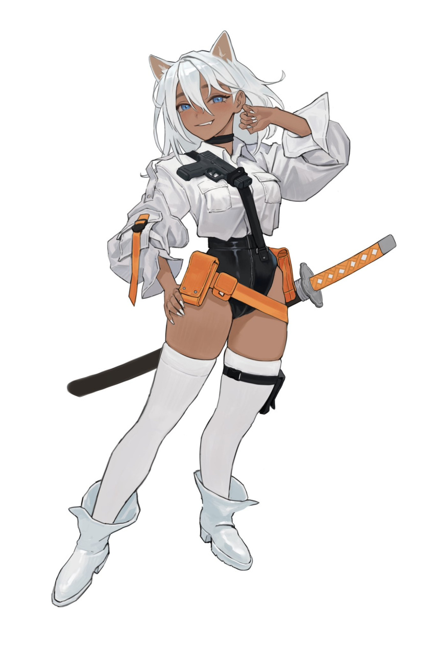 1girl animal_ears blue_eyes breasts cat_ears cat_girl choker dark-skinned_female dark_skin fang hand_on_own_hip highres katana leotard long_hair looking_at_viewer original pouch saessacman simple_background smile solo sword thigh-highs weapon white_background white_hair white_sneakers
