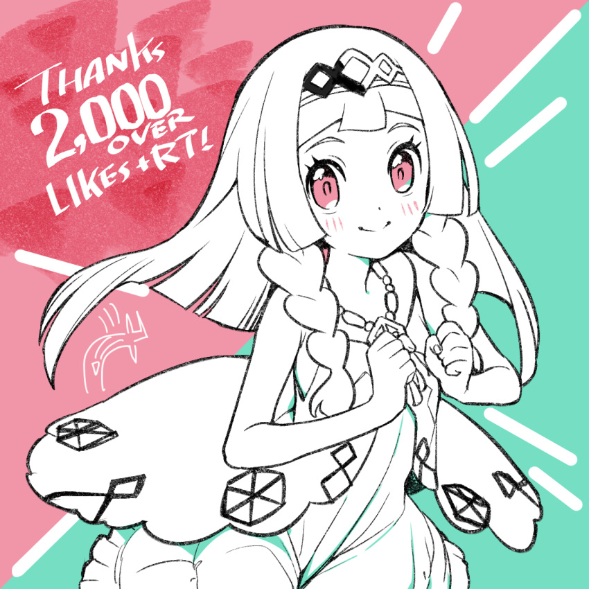 1girl bare_arms blunt_bangs blush braid clenched_hands closed_mouth cosplay dress eyelashes hairband hands_up highres jewelry kinocopro lana_(pokemon) lana_(pokemon)_(cosplay) lana_(sygna_suit)_(pokemon) lillie_(pokemon) long_hair looking_at_viewer milestone_celebration necklace pink_eyes pokemon pokemon_(game) pokemon_masters_ex pokemon_sm sleeveless sleeveless_dress smile solo thank_you twin_braids