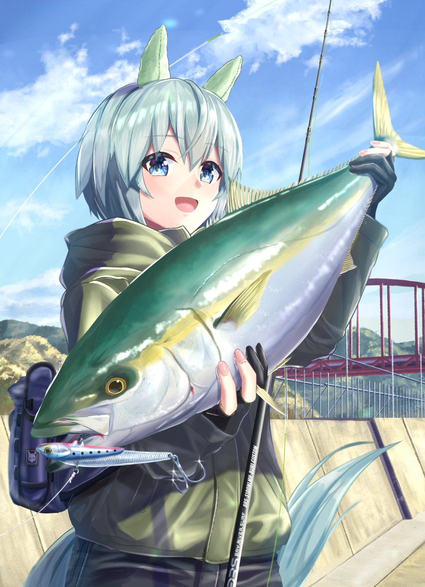 1girl absurdres animal animal_ears animal_focus bag black_gloves blue_eyes bridge clouds commentary_request fingernails fish fishing_gear fishing_hook fishing_lure fishing_rod fusou_(fuso0205) gloves grey_hair hair_between_eyes hand_up highres holding holding_animal holding_fish hood hood_down horse_ears horse_girl horse_tail jack_(fish) jacket looking_at_viewer open_mouth outdoors pants partially_fingerless_gloves seiun_sky_(umamusume) short_hair solo tail umamusume yellowtail_amberjack
