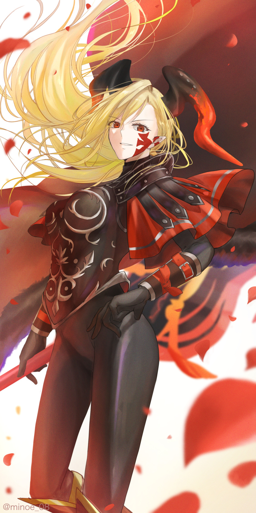 1girl absurdres armor black_armor black_bodysuit black_gloves blonde_hair bodysuit cape dragon_girl dragon_horns facial_mark falling_petals fate/grand_order fate_(series) floating_hair gloves grin highres holding holding_sword holding_weapon horns long_hair long_sleeves looking_at_viewer minoe08 nero_claudius_(fate) petals pointy_ears queen_draco_(fate) queen_draco_(third_ascension)_(fate) red_cape red_eyes smile solo swept_bangs sword twitter_username weapon