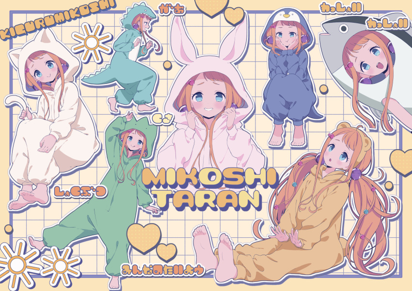1girl :d :q animal_costume animal_ears animal_hood barefoot bear_ears blue_eyes brown_hair brown_hairband cat_costume cat_ears cat_hood character_name closed_mouth commentary_request dinosaur_costume dinosaur_hood fake_animal_ears fish_costume hairband highres hood hood_down hood_up long_hair low_twintails mikoshi_taran multiple_views neki_(wakiko) outline penguin_costume rabbit_ears rabbit_hood re:act sitting smile standing standing_on_one_leg tongue tongue_out twintails very_long_hair white_outline