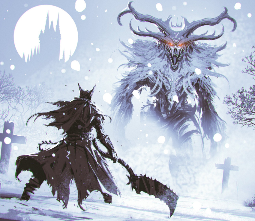 bloodborne castle cloak cross from_behind from_software full_moon glowing glowing_eyes graveyard hat highres holding holding_weapon kalmahul monster moon open_mouth outdoors red_eyes saw_cleaver sharp_teeth snowing teeth tree tricorne weapon
