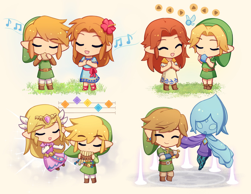 1boy 4girls ^_^ beamed_eighth_notes belt belt_buckle blonde_hair blue_dress boots brown_belt brown_footwear buckle chibi circlet closed_eyes closed_mouth commentary dress earrings eighth_note elbow_gloves english_commentary enni fairy fi_(zelda) floating flower gloves grass green_headwear green_tunic hair_flower hair_ornament hands_up harp hat highres holding holding_instrument instrument jewelry light_brown_hair link long_hair long_sleeves malon marin_(the_legend_of_zelda) multiple_girls multiple_views music musical_note navi neckerchief ocarina open_mouth orange_neckerchief pan_flute parted_bangs pink_dress playing_instrument pointy_ears princess_zelda red_flower red_ribbon ribbon sandals short_hair sidelocks simple_background singing smile staff_(music) standing swept_bangs the_legend_of_zelda the_legend_of_zelda:_link's_awakening the_legend_of_zelda:_ocarina_of_time the_legend_of_zelda:_skyward_sword the_legend_of_zelda:_spirit_tracks the_legend_of_zelda:_the_wind_waker toon_link toon_zelda tunic white_dress white_gloves young_link