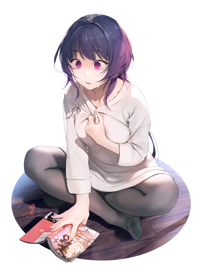 1girl black_pantyhose book collarbone crossed_legs crying crying_with_eyes_open highres long_hair long_sleeves manga_(object) okeno_kamoku open_mouth original pantyhose purple_hair shirt_grab simple_background sitting solo sweater tears violet_eyes wooden_floor