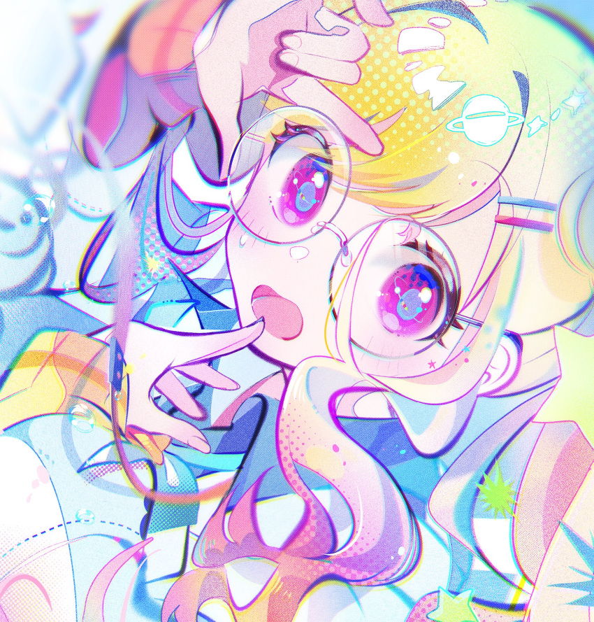 1girl blonde_hair commentary fingernails glasses gradient_hair highres long_hair long_sleeves momomo_(m0_3) multicolored_hair multiple_hairpins open_mouth pink_eyes pink_hair project_sekai solo tenma_saki